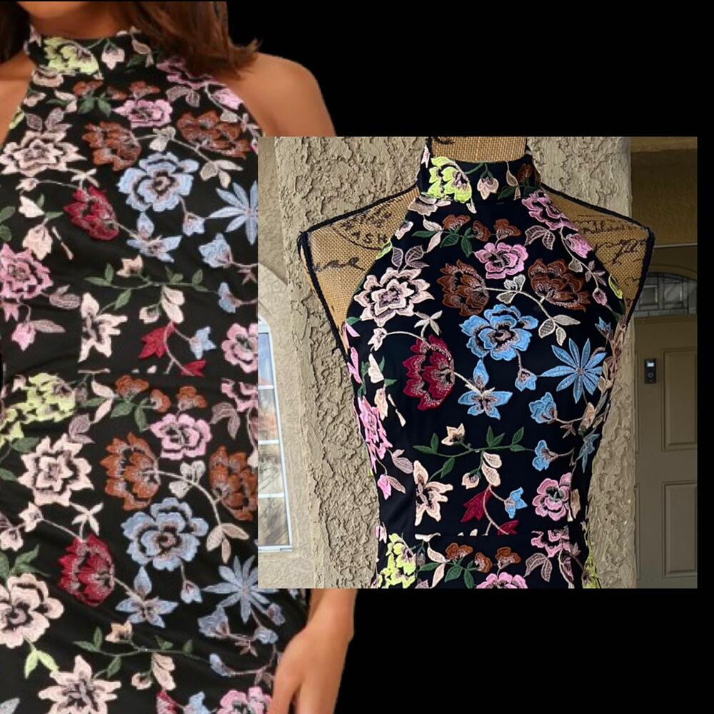 Lulus Black 3D Floral Embroidered Halter Infinite Praise Maxi Dress Size M - Picture 3 of 13